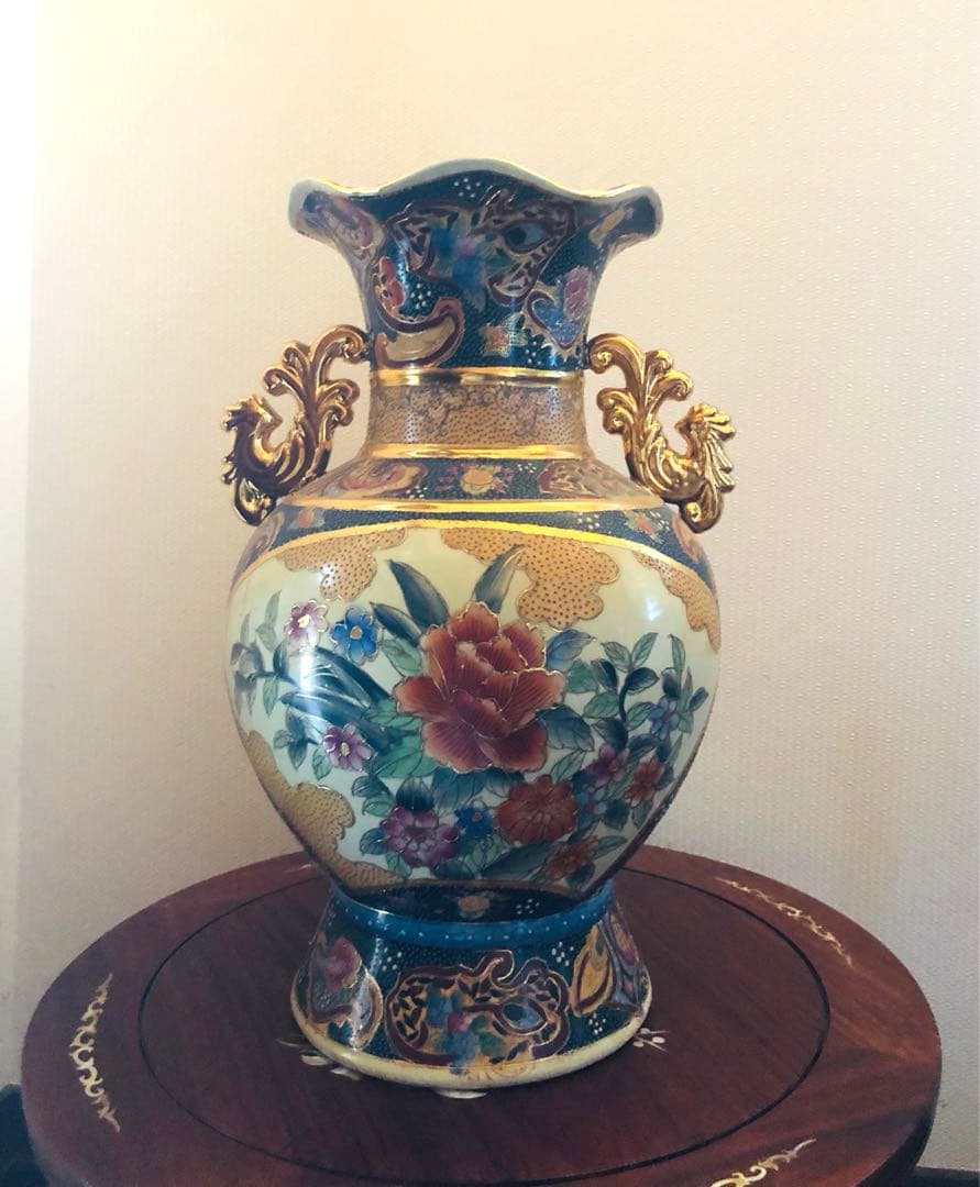 豪華　薩摩焼骨董　双耳　金襴手　青粒　壺