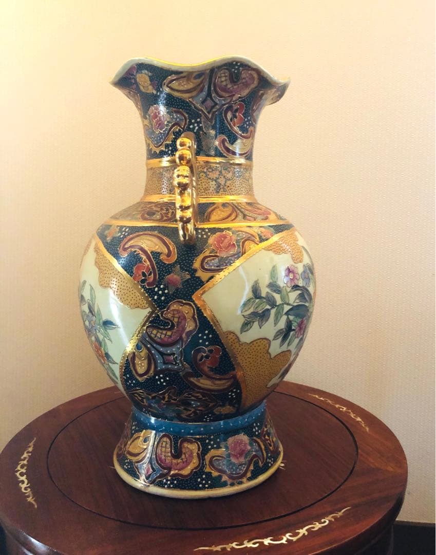 豪華　薩摩焼骨董　双耳　金襴手　青粒　壺