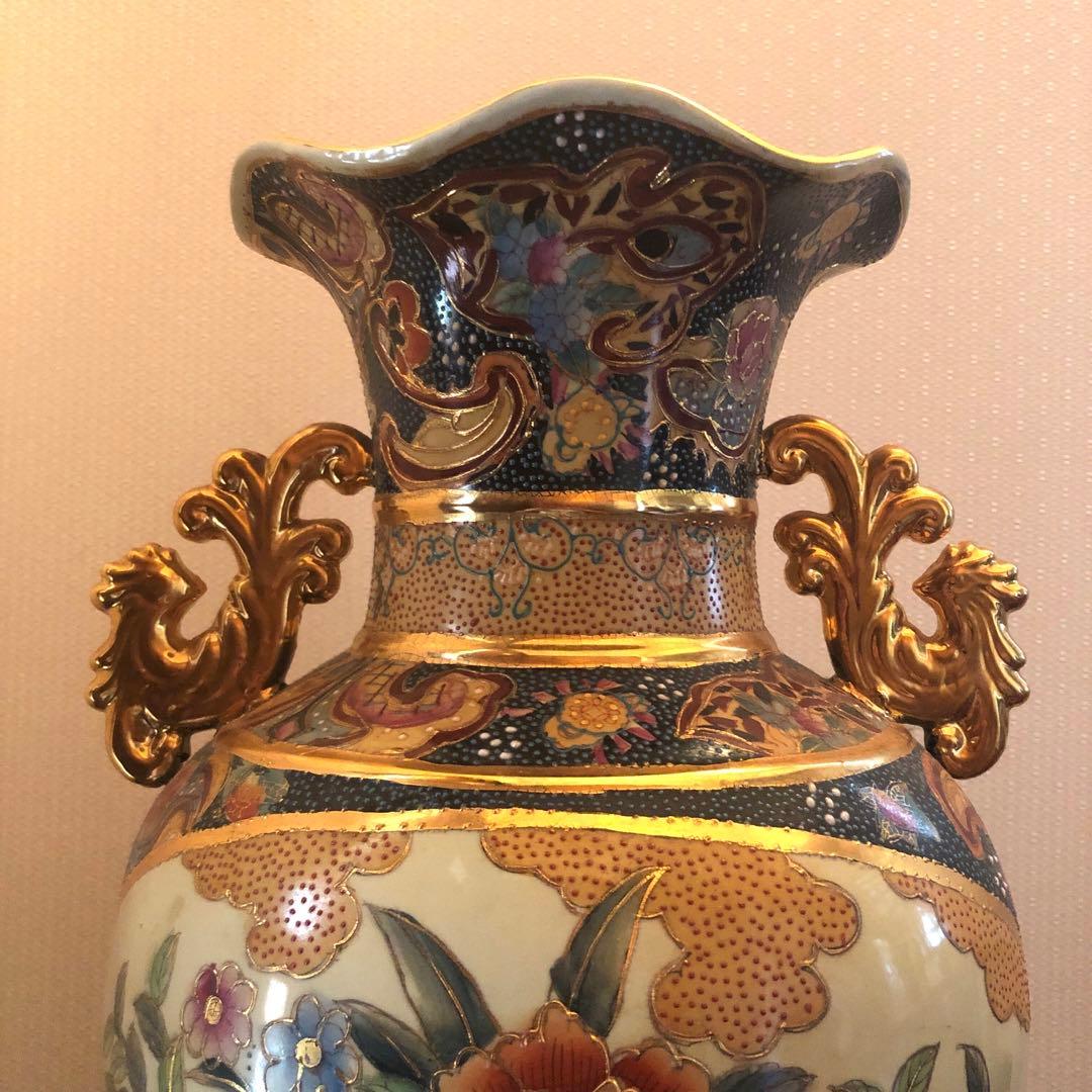 豪華　薩摩焼骨董　双耳　金襴手　青粒　壺