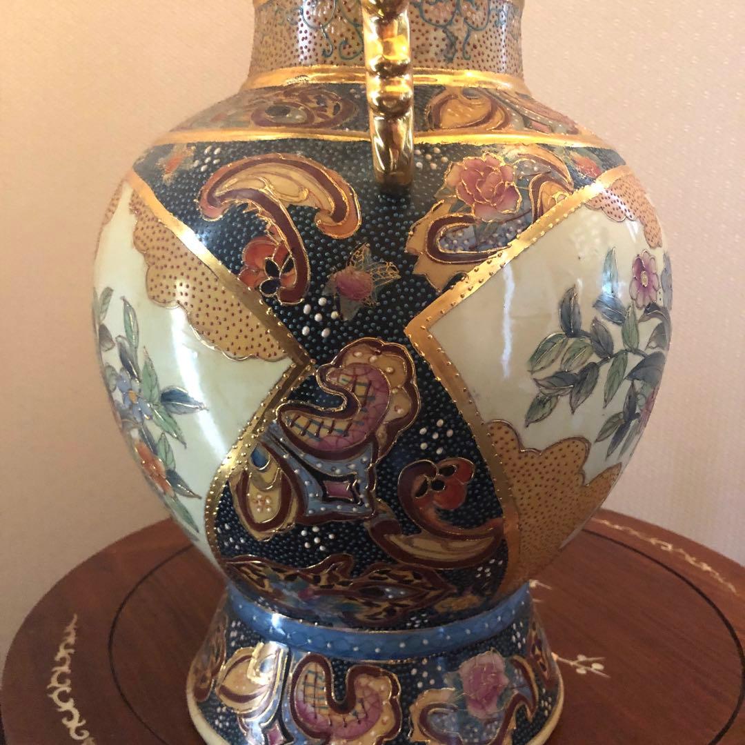 豪華　薩摩焼骨董　双耳　金襴手　青粒　壺