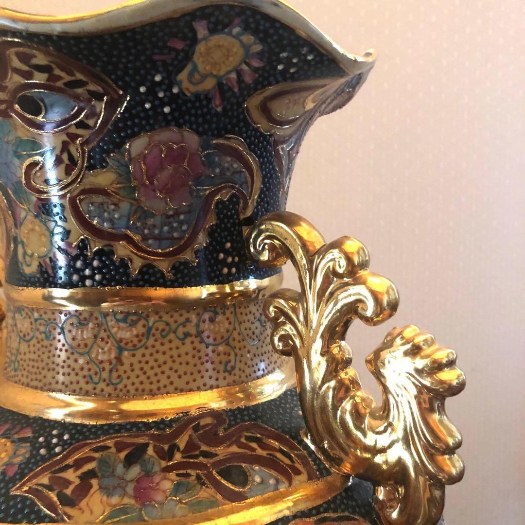 豪華　薩摩焼骨董　双耳　金襴手　青粒　壺