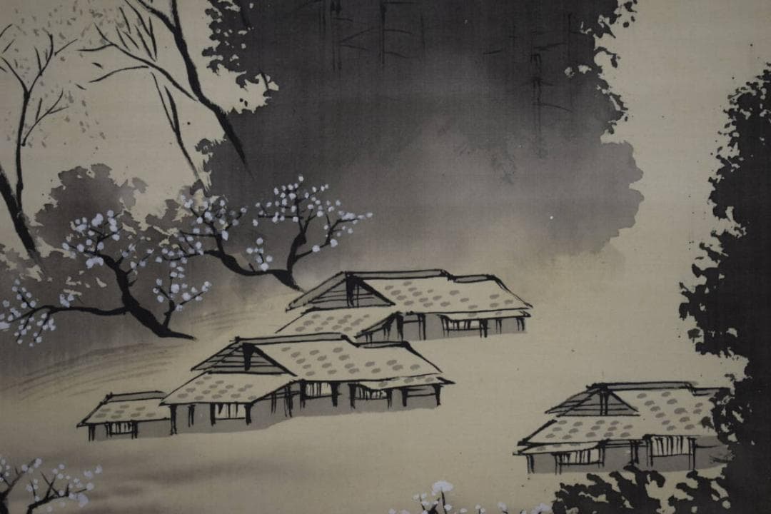 真作/松田彩観/山水人物梅図/桐極箱付/布袋屋掛軸HH-696