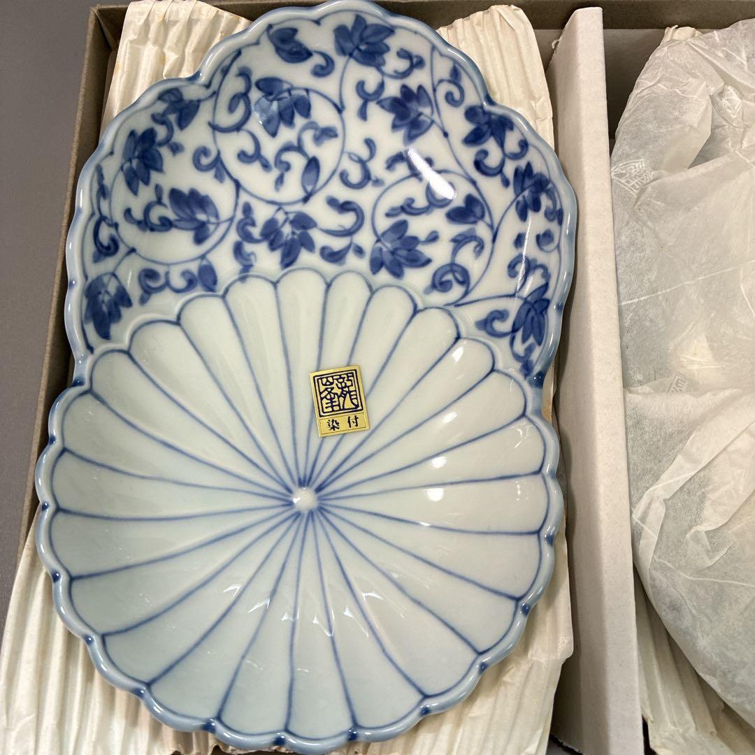 【未使用品】美濃焼 花風流　三洋陶器　和食器　染付菊型　取鉢揃　5枚　箱付き
