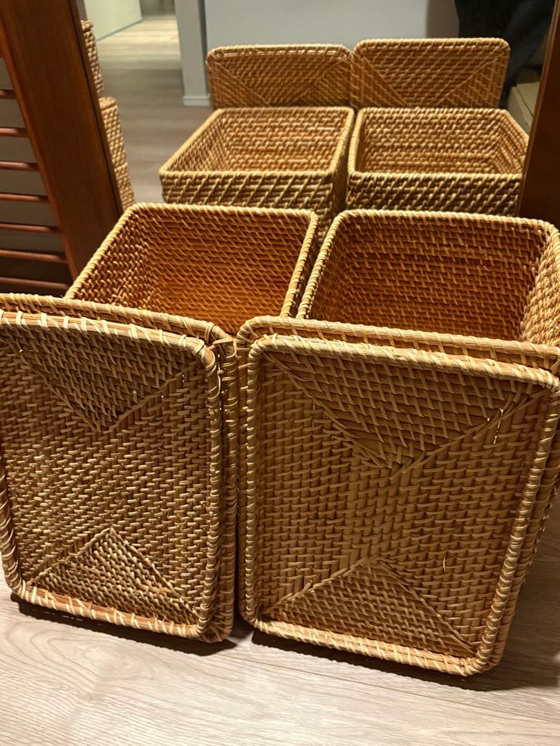 無印良品/重なるラタン長方形バスケットふた付き大×2個・中×3個セット