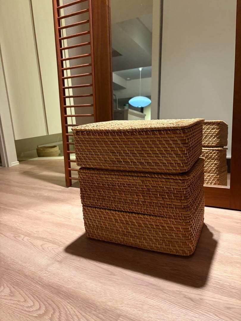 無印良品/重なるラタン長方形バスケットふた付き大×2個・中×3個セット
