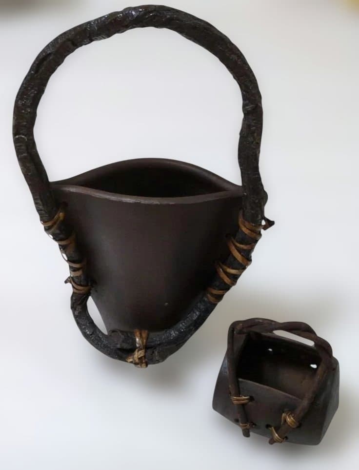 陶器製　木製ハンドル付き　花器セット