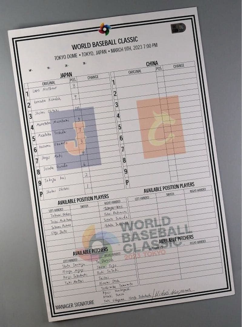 大谷翔平 初二刀流試合！栗山英樹直筆サイン 23年WBC実使用ラインナップカード