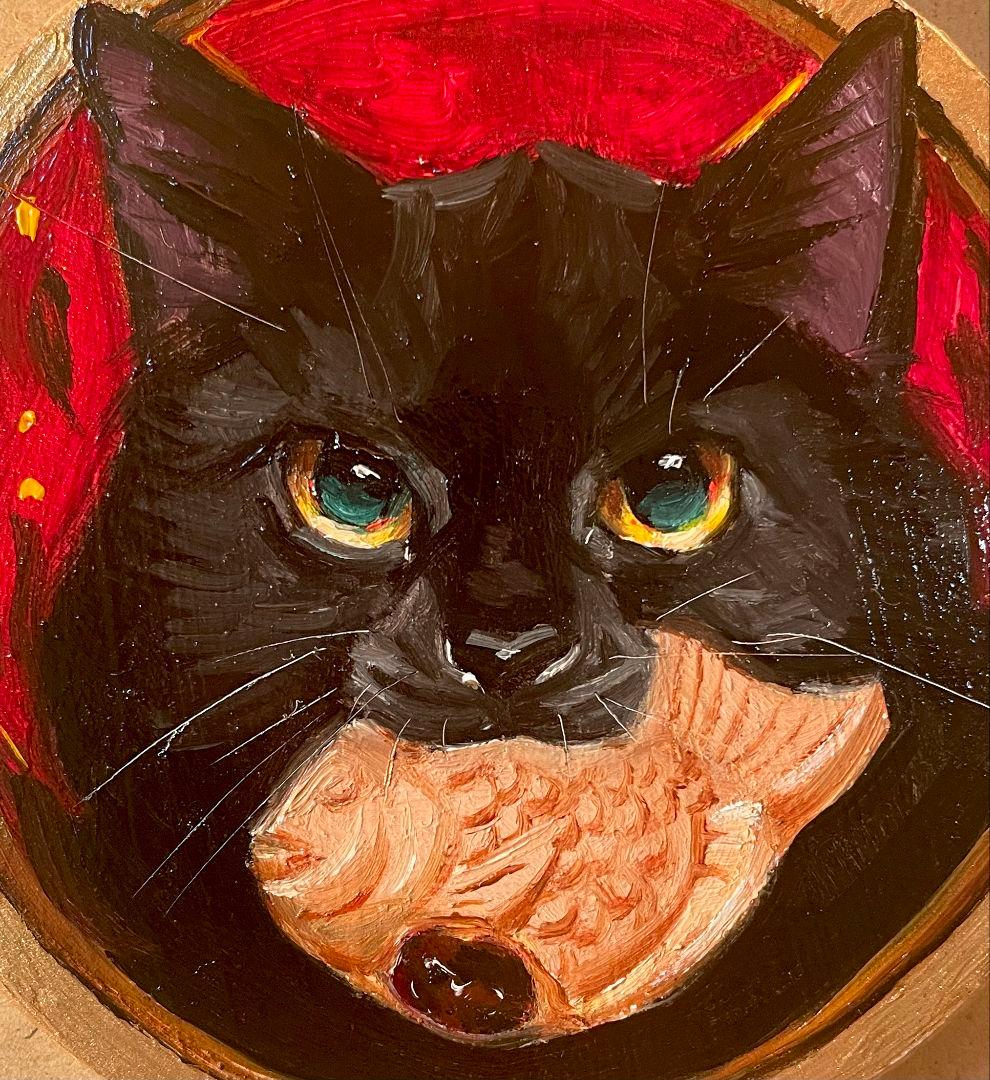 (ご依頼作品)鯛焼きを咥えた猫　油絵　原画　ミニ絵画　オリジナル　手描き