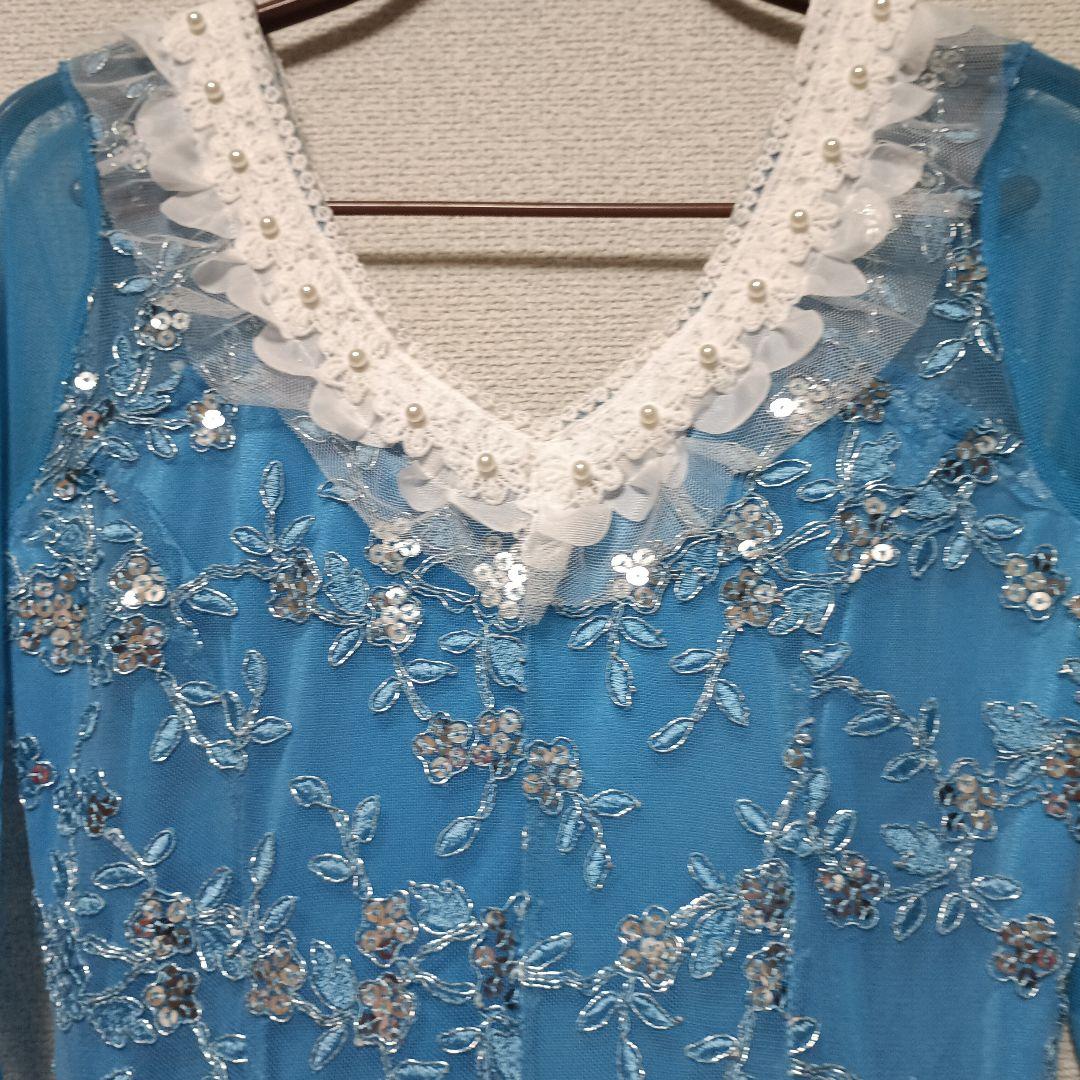 青いシフォンの社交ダンスドレスＭ