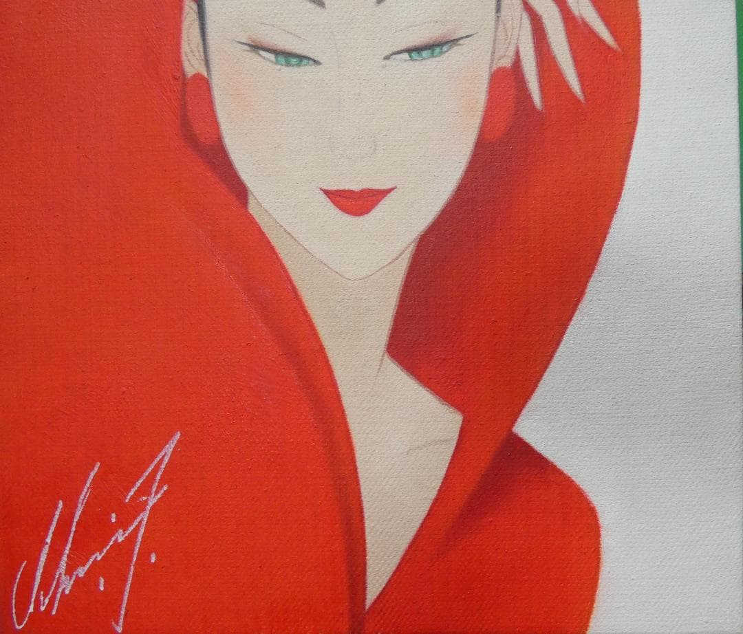 絵画 人物 鶴田一郎「赤美人」 サイン 額装済み 肉筆手描き F6