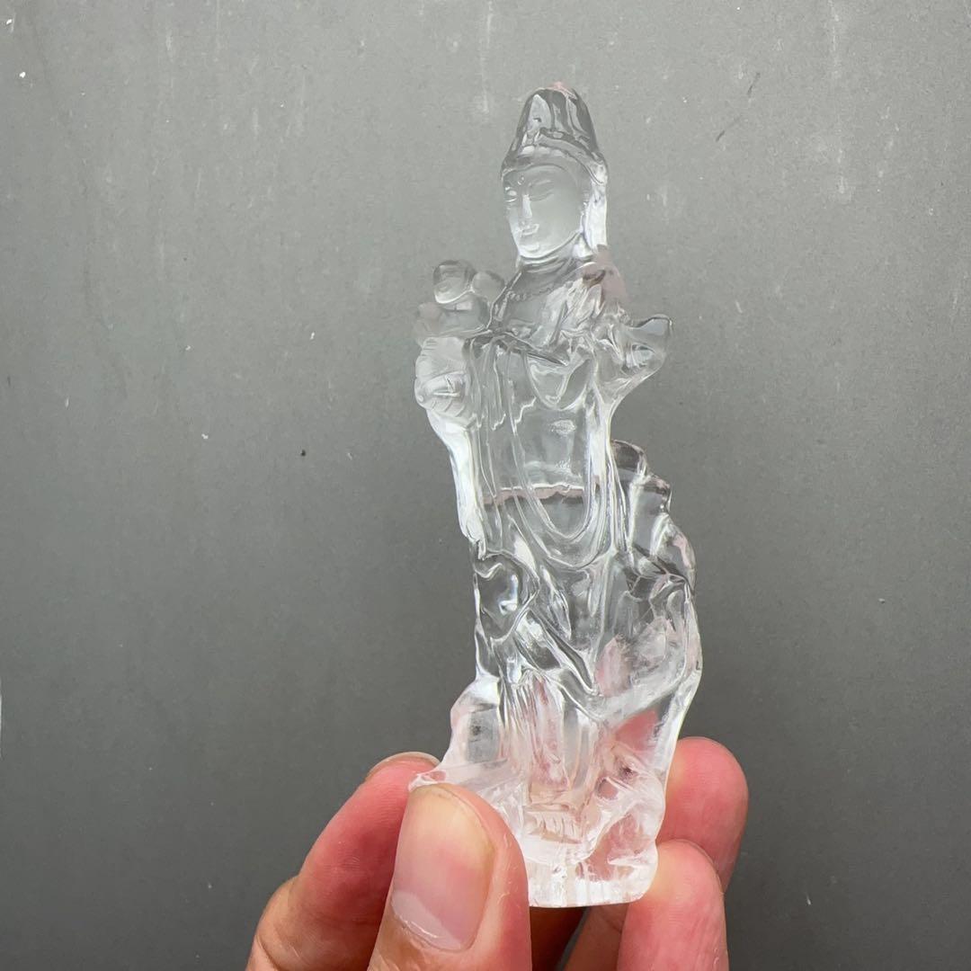 天然石 水晶の觀音様　置物　彫り物F.76