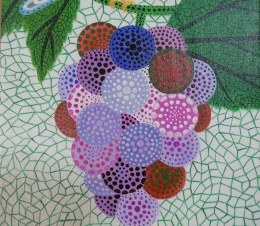【草間彌生】ぶどうと鳥　絵画　額入り