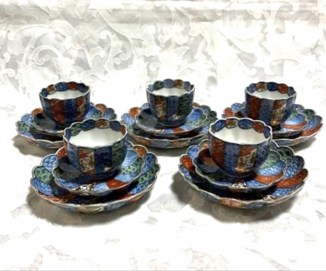 古伊万里　青海波・色絵・金彩画(小皿　豆皿　ぐい呑み)５客セット
