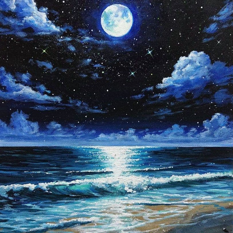 【満月の夜】アクリル画 F3 風景画 絵画