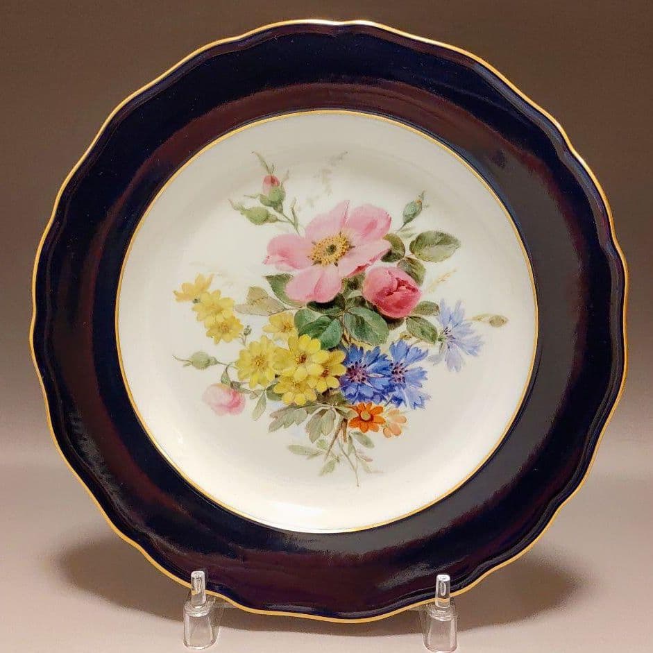 ◆確認用◆マイセン Meissen 金彩コバルトボーダー 自然主義花絵 飾皿