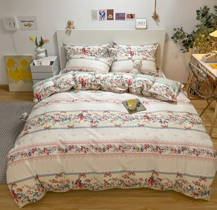 新品★花柄リボンリバーシブルプリント生地 綿100%シングル布団カバー