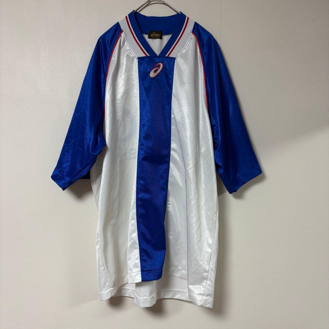 90s ASICS ゲームシャツ 日本製 サッカーシャツ ビッグロゴ 青白 レア