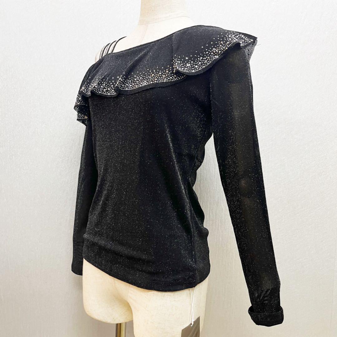 新品 社交ダンス ワンショルダートップス パワーネット ブラックラメ サイズ L
