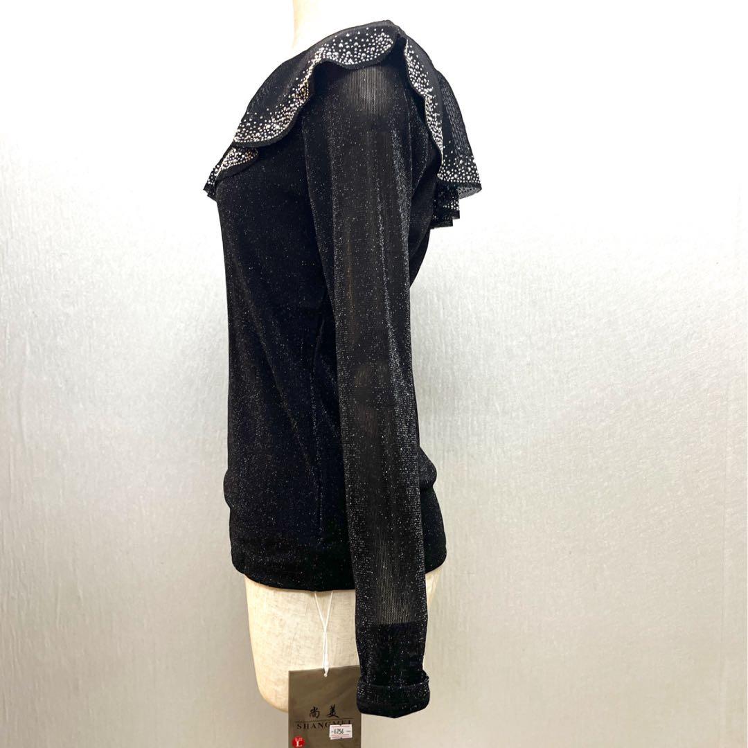 新品 社交ダンス ワンショルダートップス パワーネット ブラックラメ サイズ L