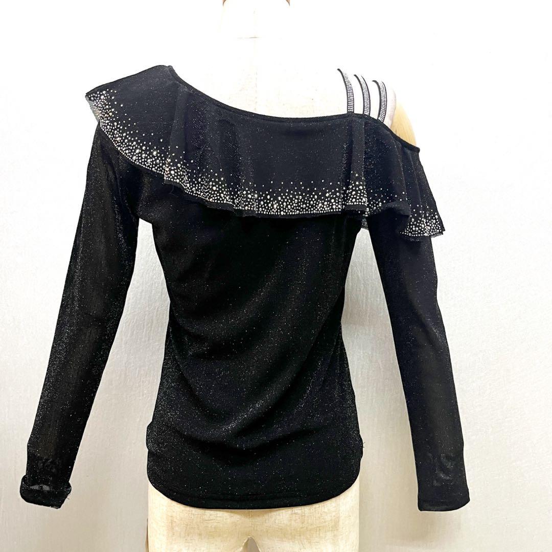 新品 社交ダンス ワンショルダートップス パワーネット ブラックラメ サイズ L