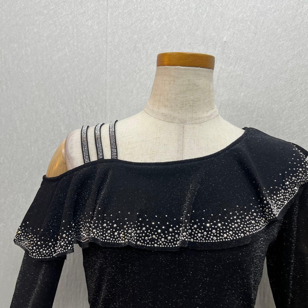 新品 社交ダンス ワンショルダートップス パワーネット ブラックラメ サイズ L