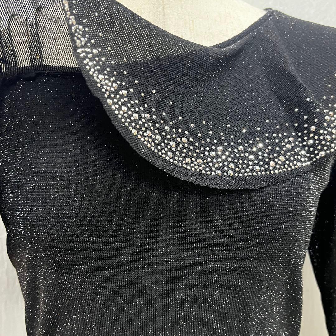 新品 社交ダンス ワンショルダートップス パワーネット ブラックラメ サイズ L