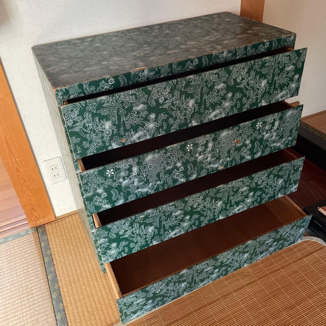 昭和レトロ　木製花柄チェスト 4段緑色　和箪笥