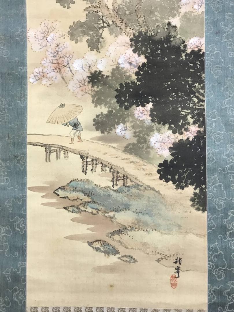 【真作】龍華/桜花春雨図/山水図/人物図/掛軸/名家伝来/AD-347