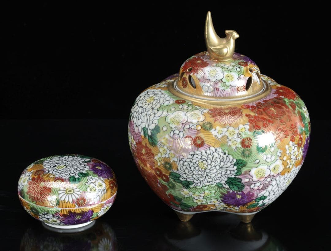 九谷焼 真山作 花詰百花文 香炉 香合セット 共箱 色絵金彩 三足香炉 茶道具