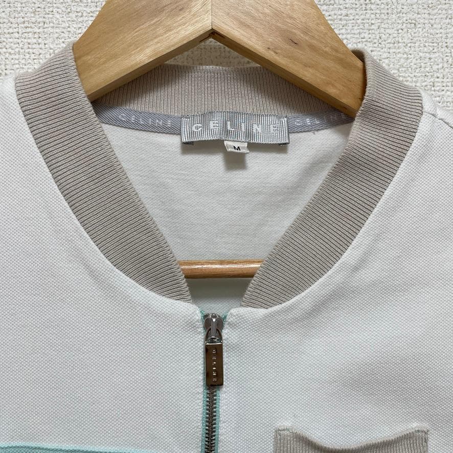 美品 セリーヌ CELINE ポロシャツ 鹿の子 バイカラー ロゴ ハーフジップ