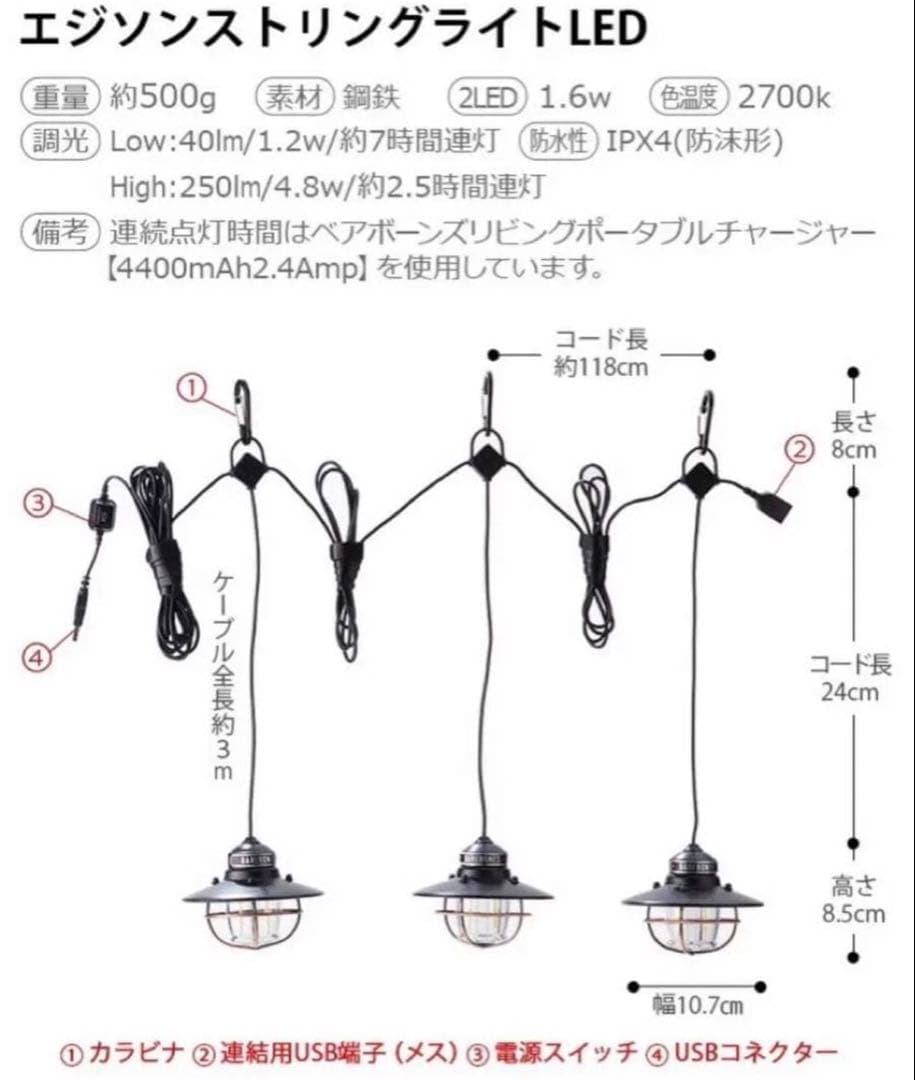 ベアボーンズ 3連 エジソンストリングライト LED ランタン ブラック