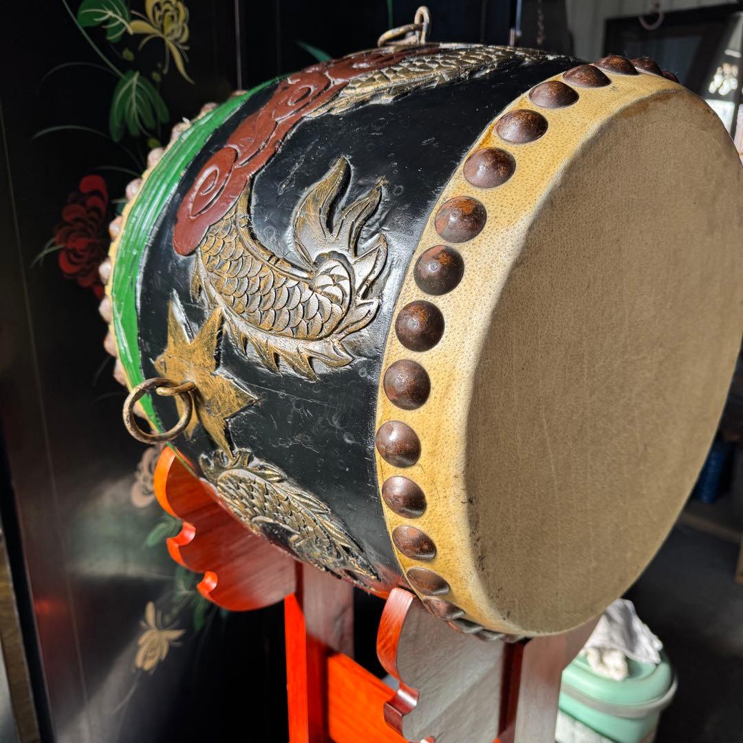 【希少】龍と星 彫刻 漆器 和太鼓 胴長太鼓 1尺2寸 経台&バチ付き
