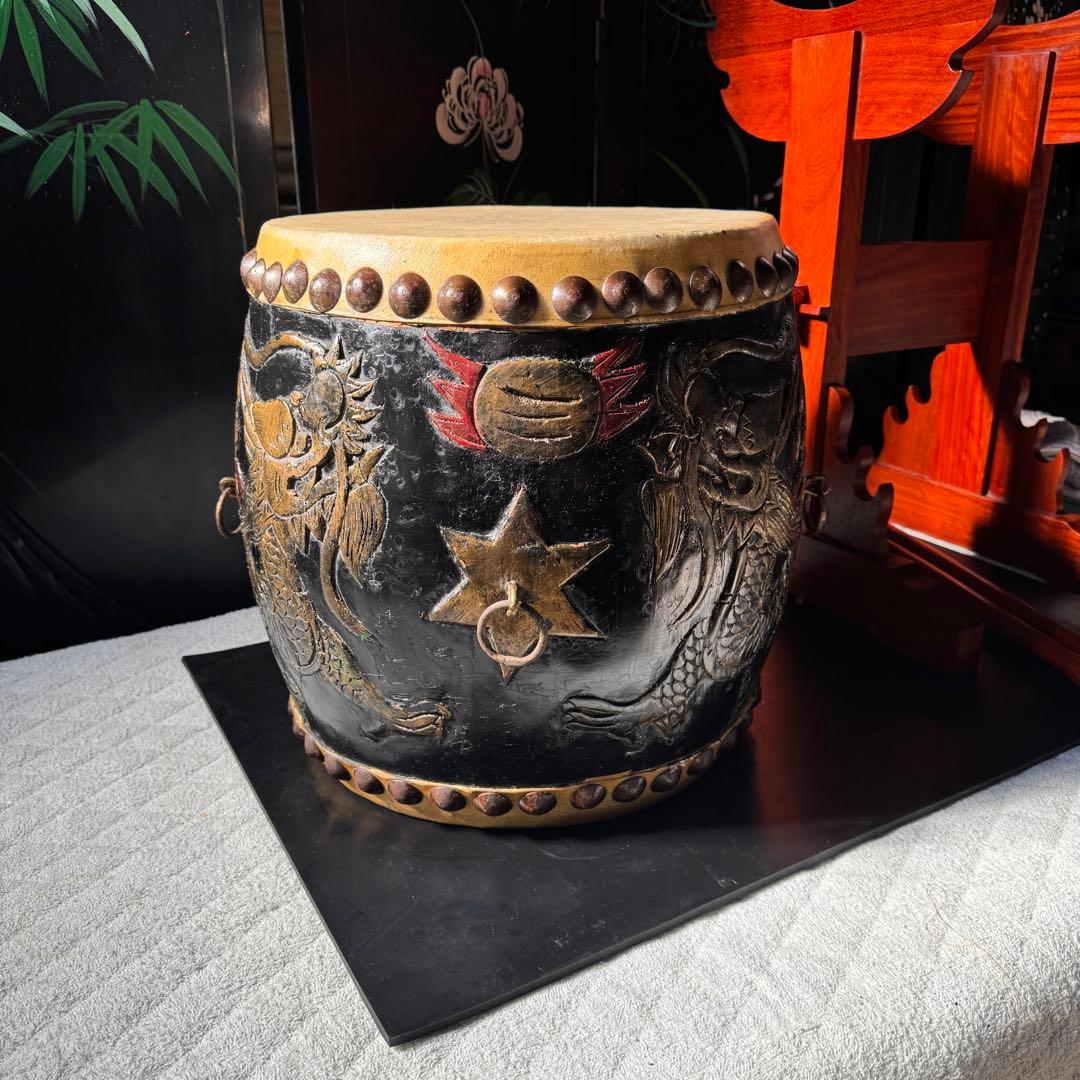 【希少】龍と星 彫刻 漆器 和太鼓 胴長太鼓 1尺2寸 経台&バチ付き