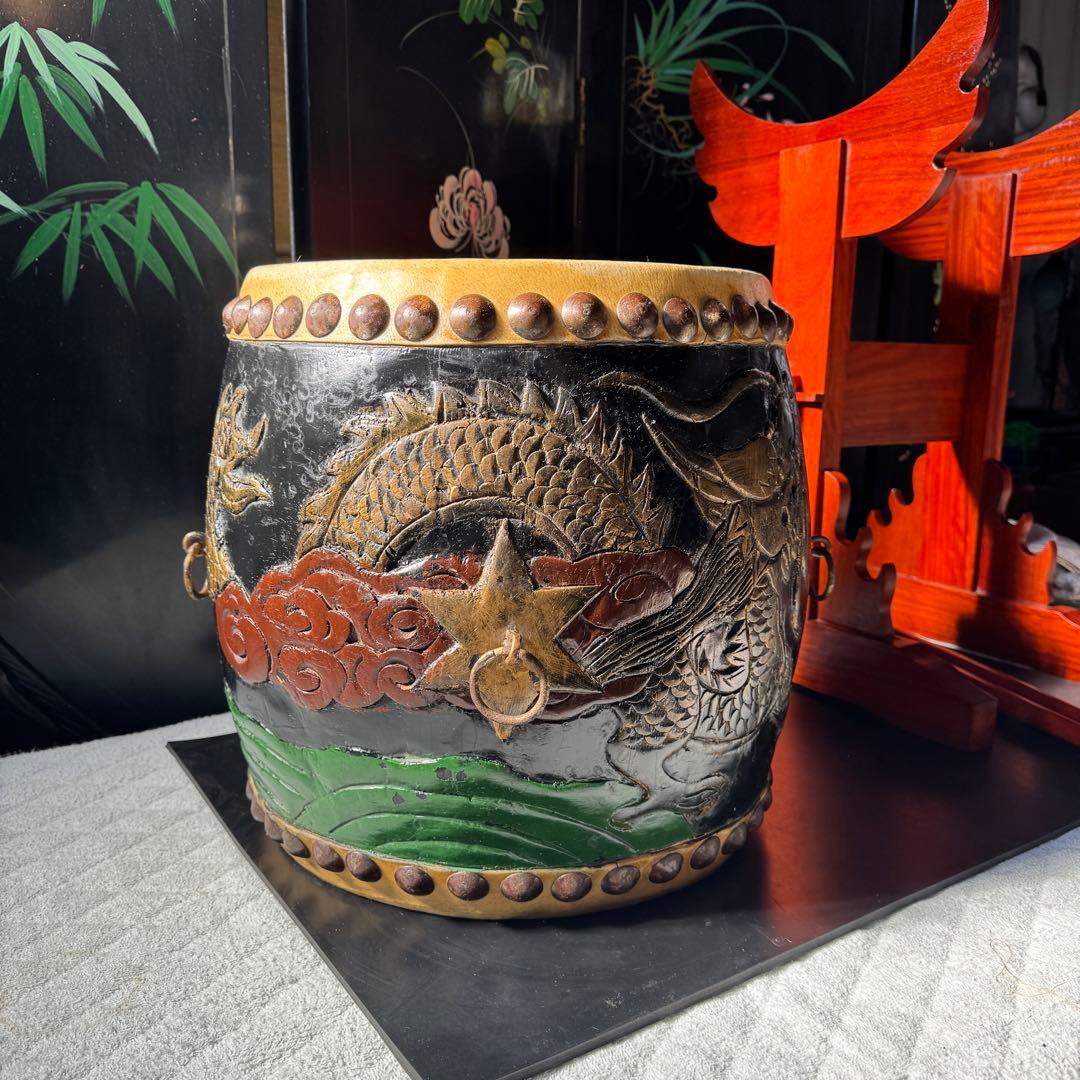 【希少】龍と星 彫刻 漆器 和太鼓 胴長太鼓 1尺2寸 経台&バチ付き