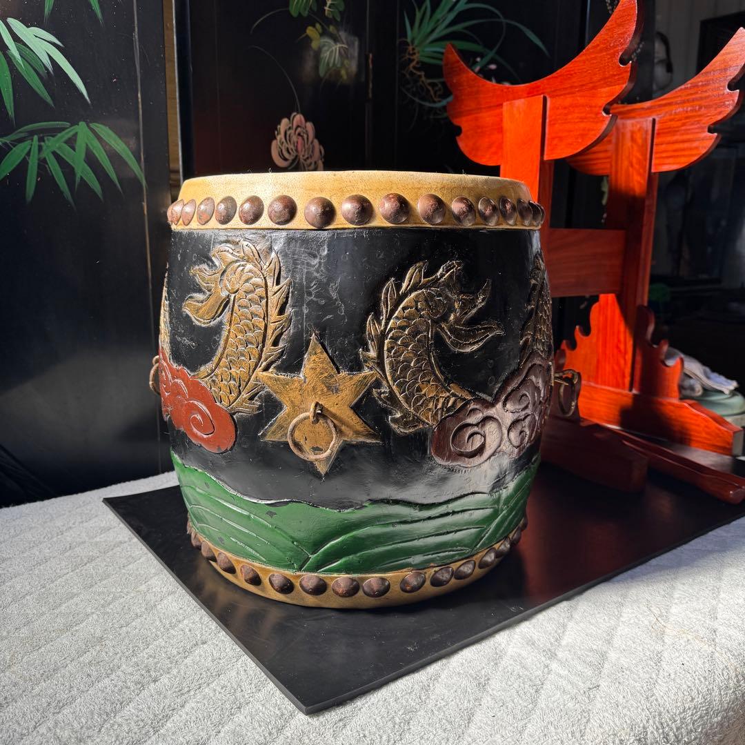 【希少】龍と星 彫刻 漆器 和太鼓 胴長太鼓 1尺2寸 経台&バチ付き