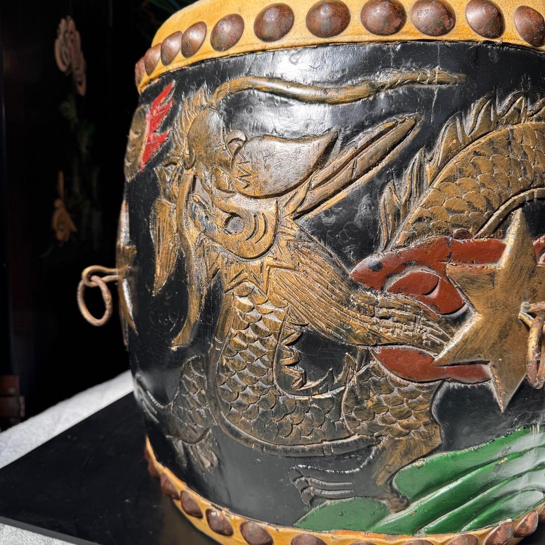 【希少】龍と星 彫刻 漆器 和太鼓 胴長太鼓 1尺2寸 経台&バチ付き