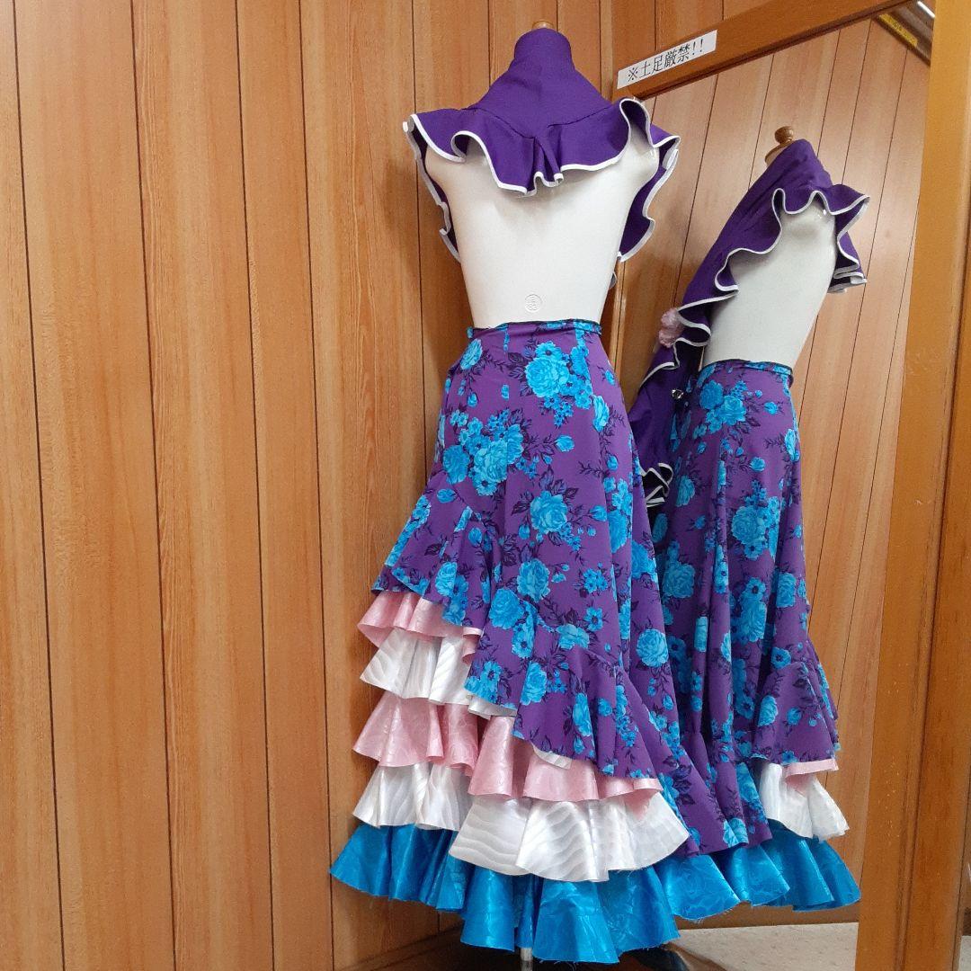 フラメンコ衣装　☆ファルダのみ　紫/青バラ柄シフォン生地　軽やか♡