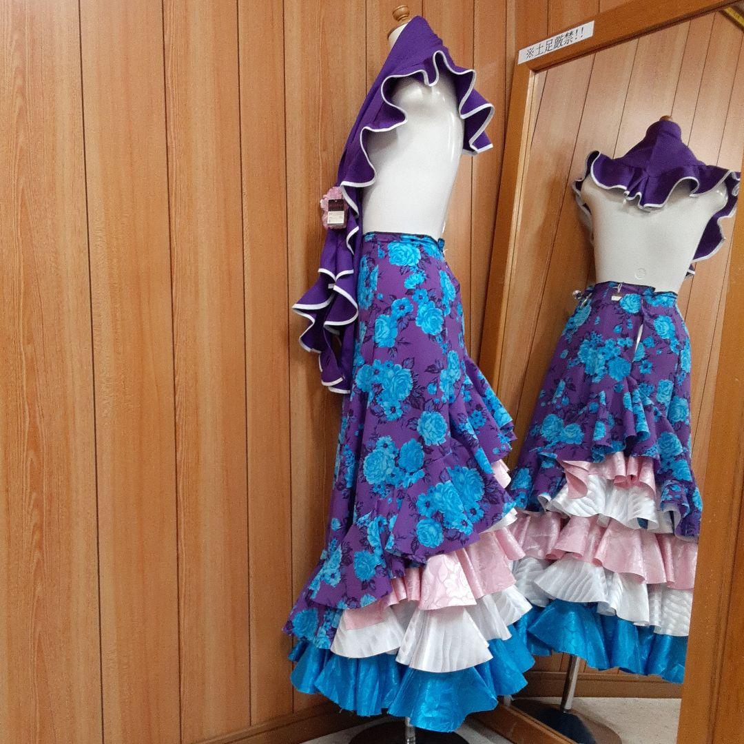 フラメンコ衣装　☆ファルダのみ　紫/青バラ柄シフォン生地　軽やか♡
