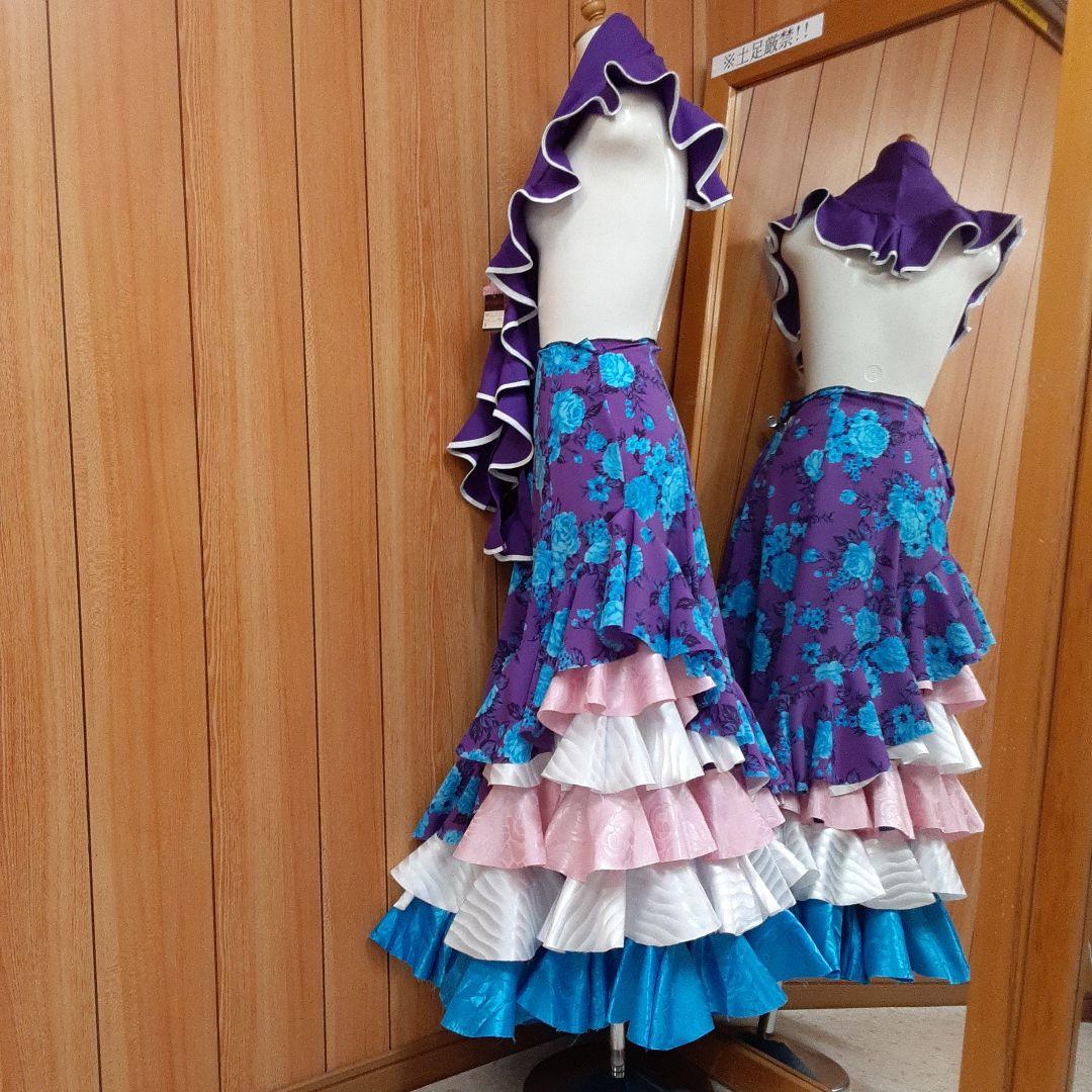フラメンコ衣装　☆ファルダのみ　紫/青バラ柄シフォン生地　軽やか♡