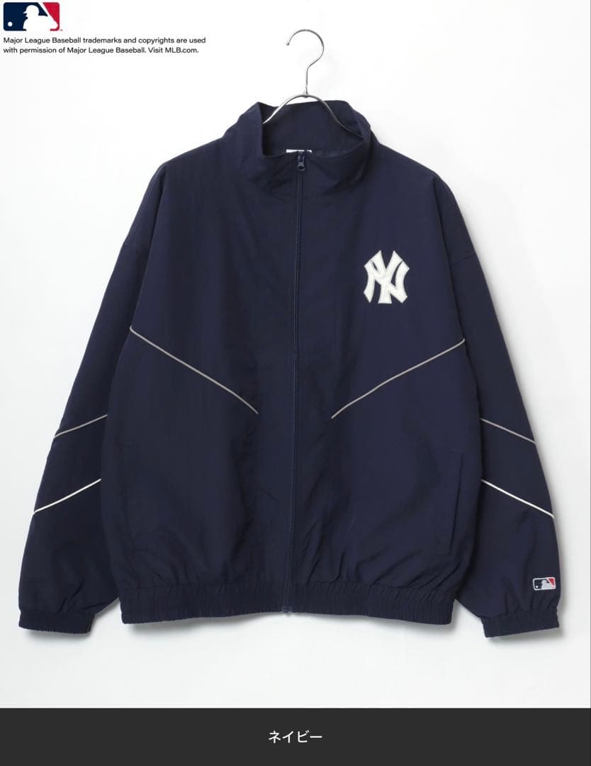 NYヤンキース オーバーサイズ ロゴ刺繍ナイロントラックジャケット ネイビーLL