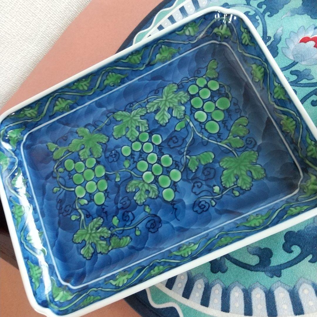 源右衛門窯⭐️緑彩葡萄絵 の角銘々皿
