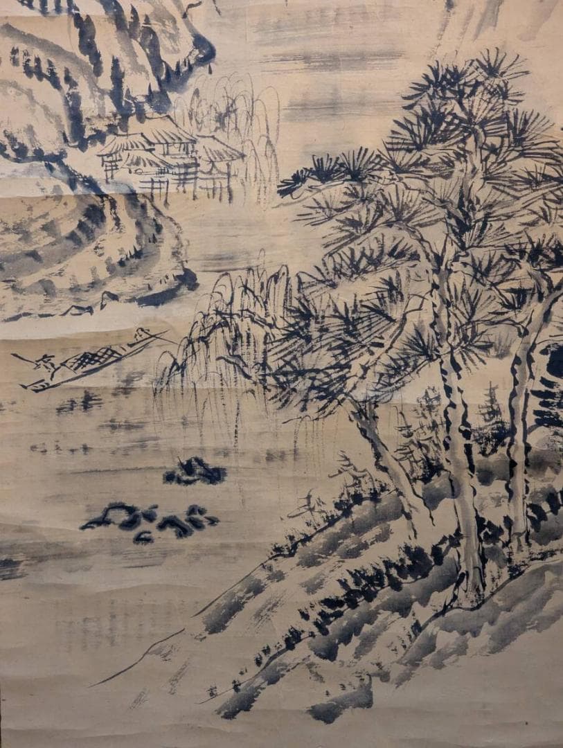 【真作】掛軸　渓山舟影図　墨画山水　静寂の水郷風景　V64