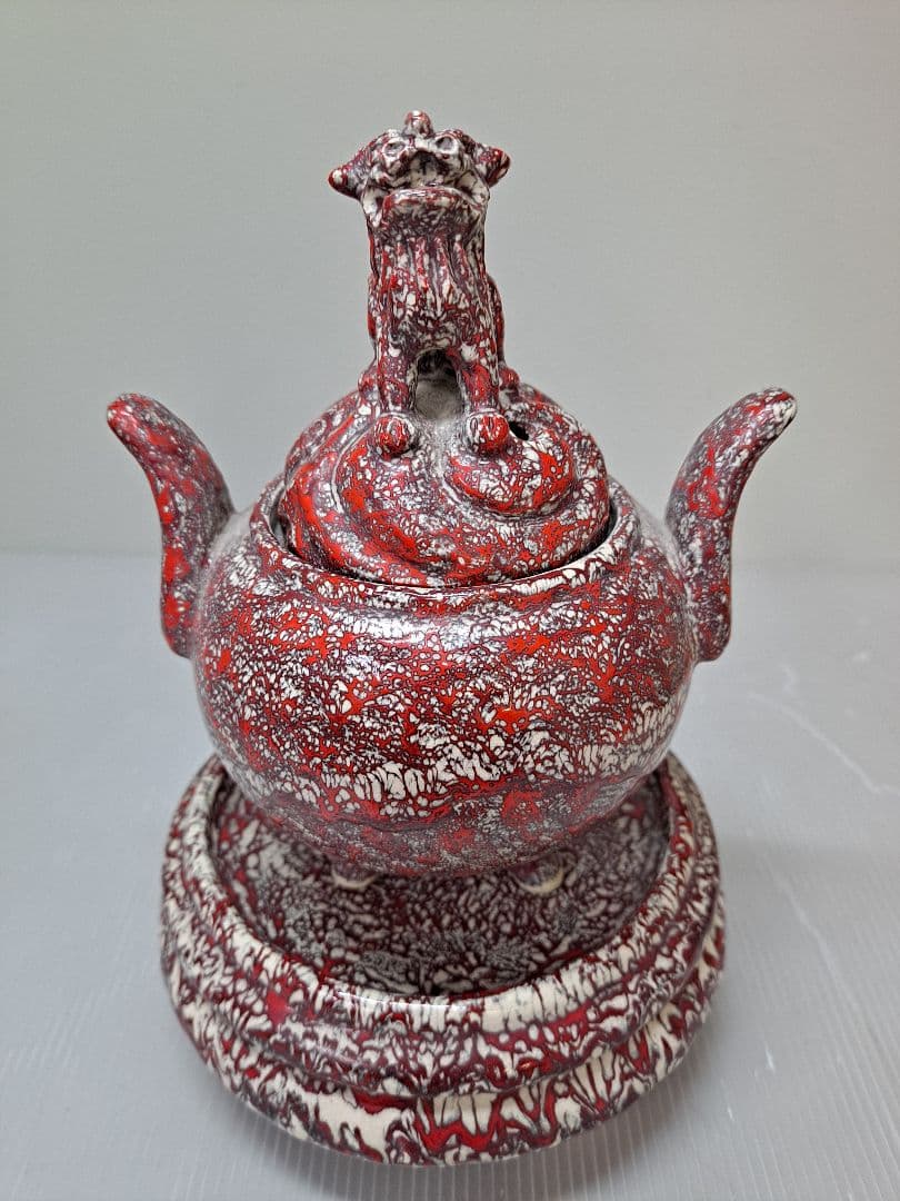 美品 未使用 箕面焼 二代松田箕山 獅子付き 耳付き 三ツ足香炉 茶道具 共箱