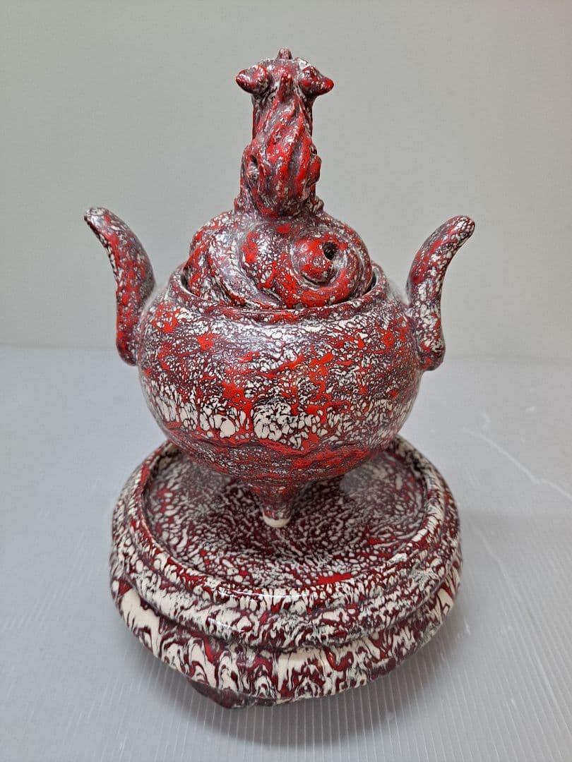 美品 未使用 箕面焼 二代松田箕山 獅子付き 耳付き 三ツ足香炉 茶道具 共箱