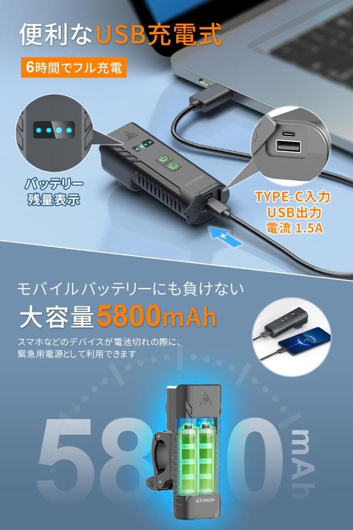 自転車 ライト Type-C充電式 5800mAh大容量 自転車用 1400LM