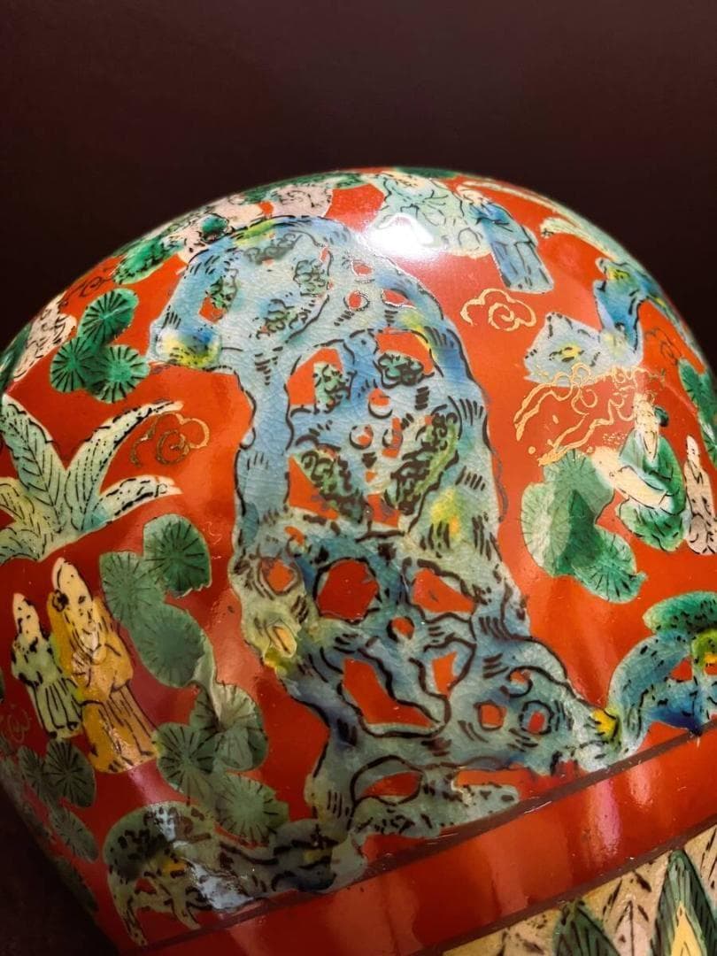 【未使用】　九谷焼 青木木米 色絵　赤地　唐子図　象　老人 花器 花瓶 壺