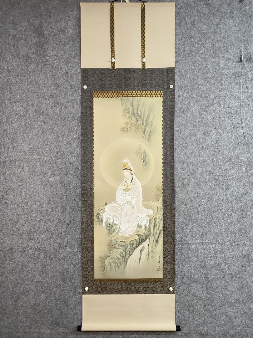 O*O様 松井玲二『岩上観音』仏画 共箱 美術年鑑掲載 爽床会会員 鷺山会主宰
