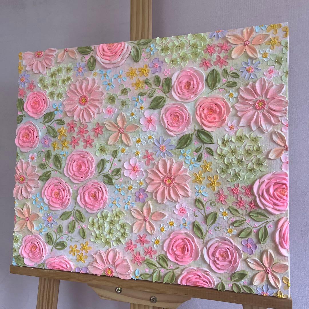 原画　花柄　アクリル絵画 テクスチャーアート ピンク フラワー　ボタニカル