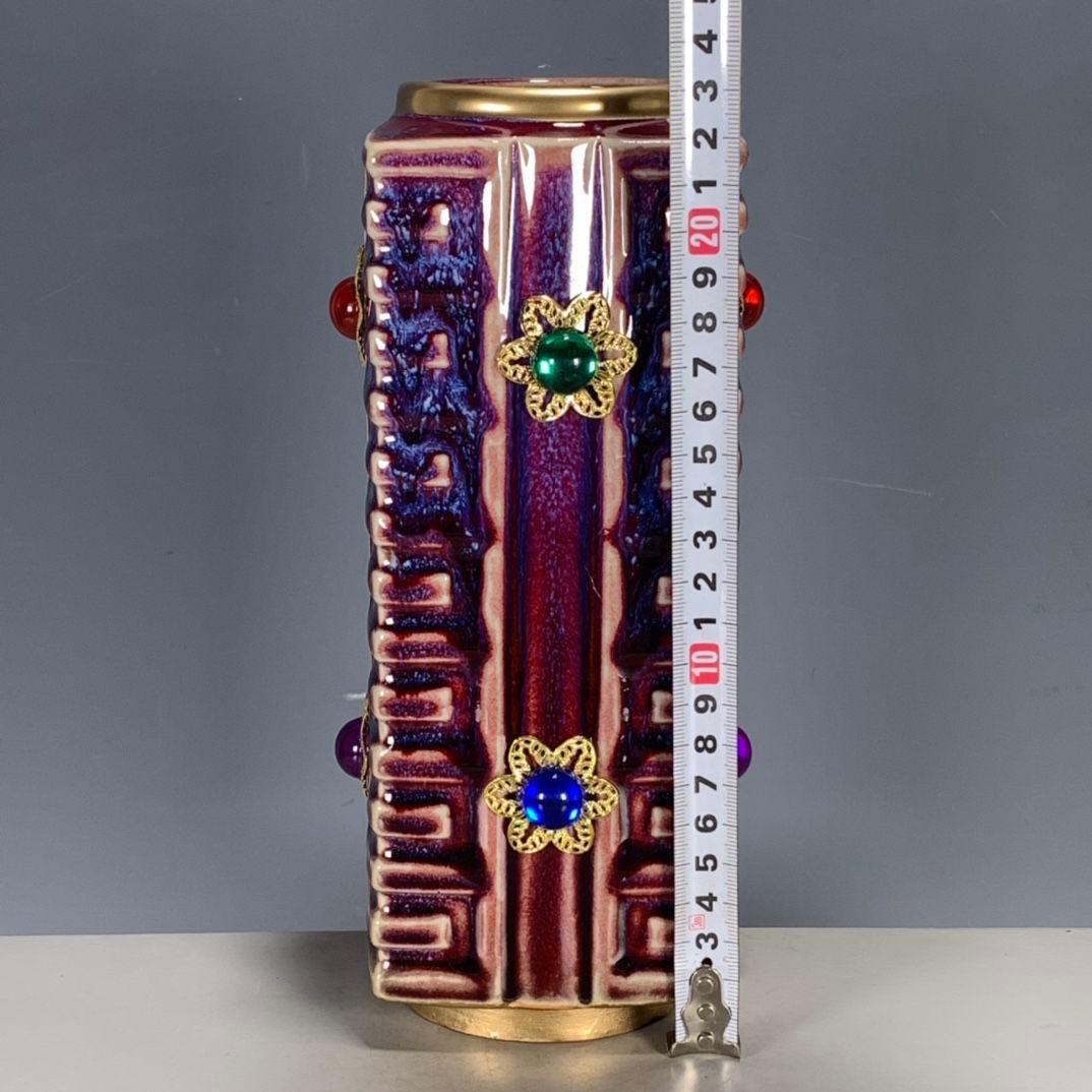 鈞磁器紅釉窯変四方茶瓶花瓶の置物 景徳鎮 陶磁器 装飾品 現代工芸品美術品