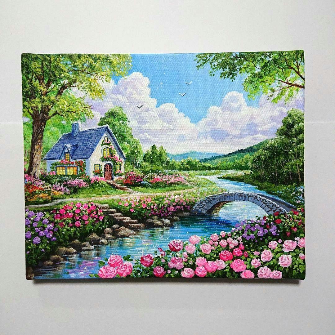 【バラが咲く頃】アクリル画 F3 風景画 絵画